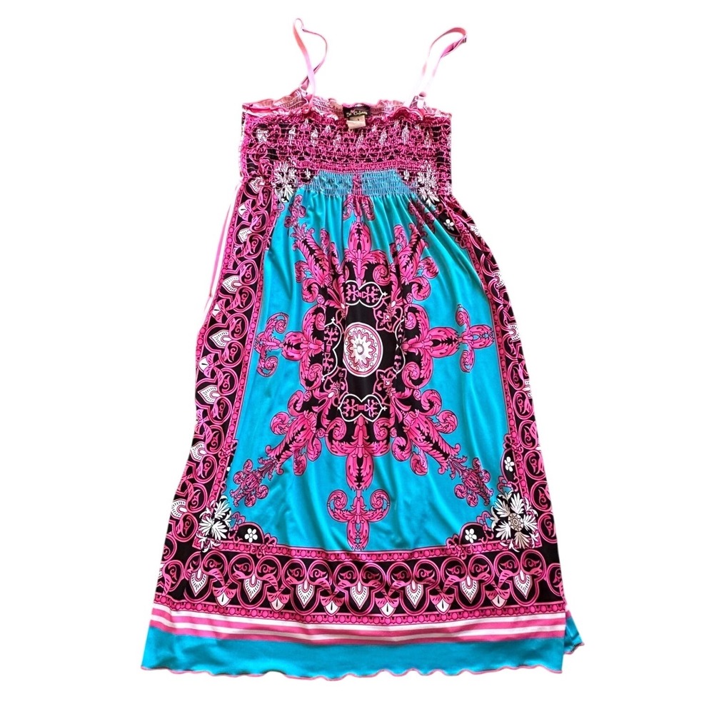 De Colores y2k Boho Smocked Medallion Print Sundress Pink Turquoise Mini‎ Dress